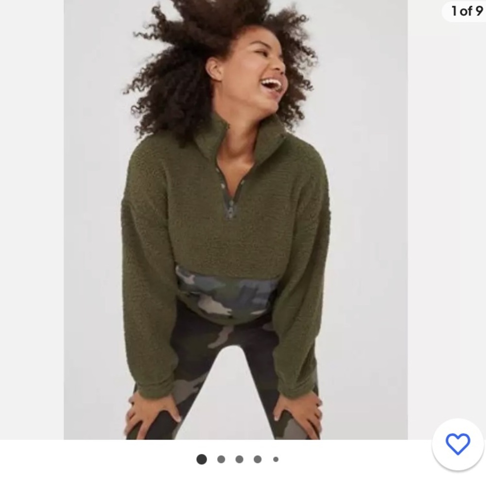 COZY WINTER VIBES Aerie Offline Green Sherpa Quarter Zip size small